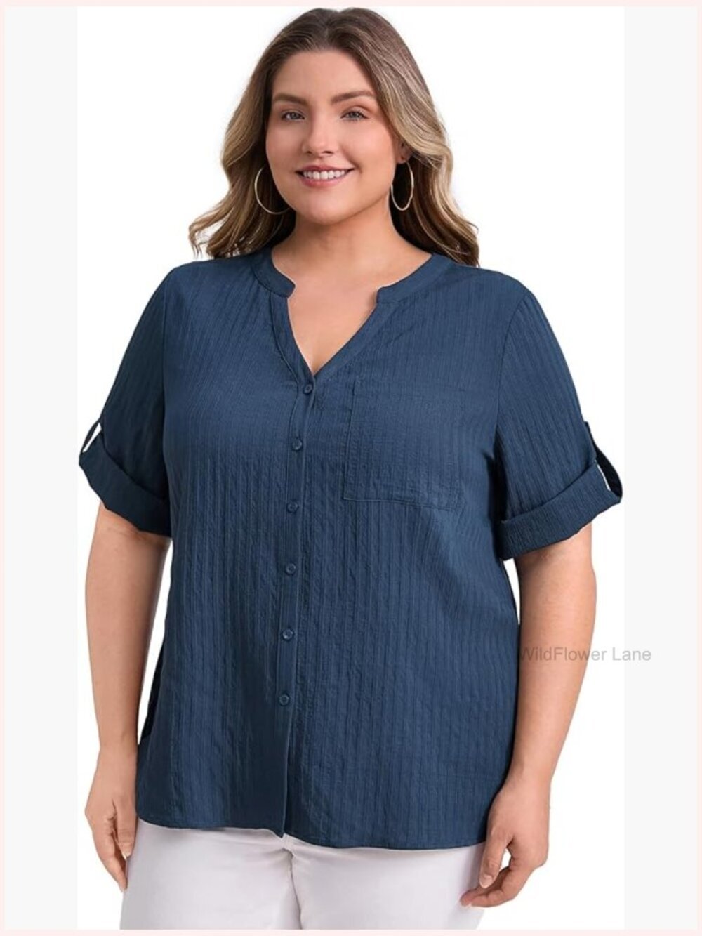 Plus Size V Neck 3/4 Sleeve Button Down Blouse with Pocket